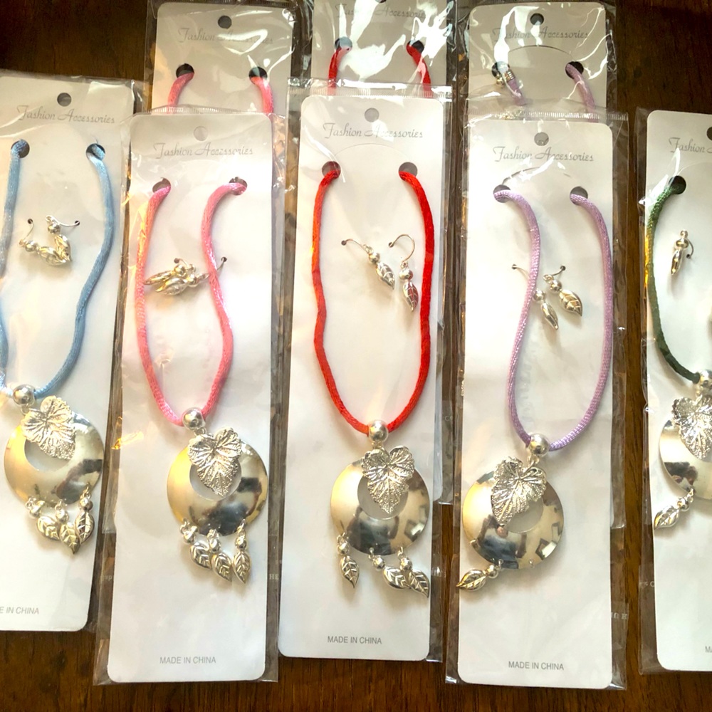 Amazing necklace sets featuring colored satin roping, matching pierced earrings